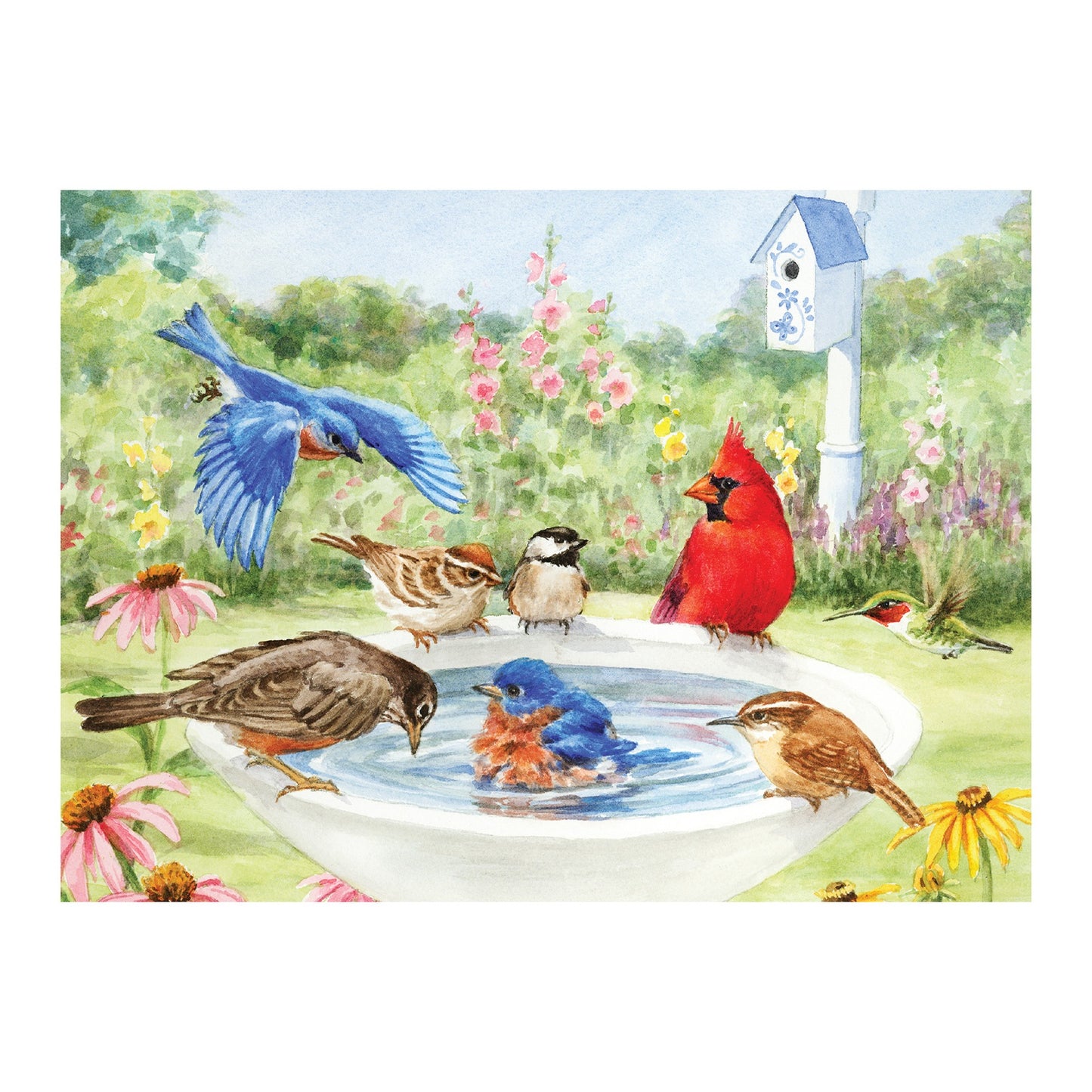 Dementie-puzzel 'Vogeltjes in Bad' – 35 stukjes puzzel met vrolijke vogelafbeeldingen, stimuleert geheugen bij ouderen.