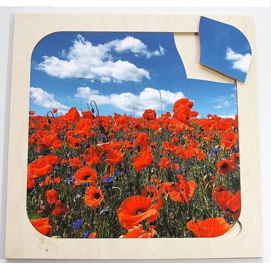 Puzzel Klaproos – Houten 16-delige puzzel met klaproosmotief, ideaal voor geheugenstimulatie bij senioren.