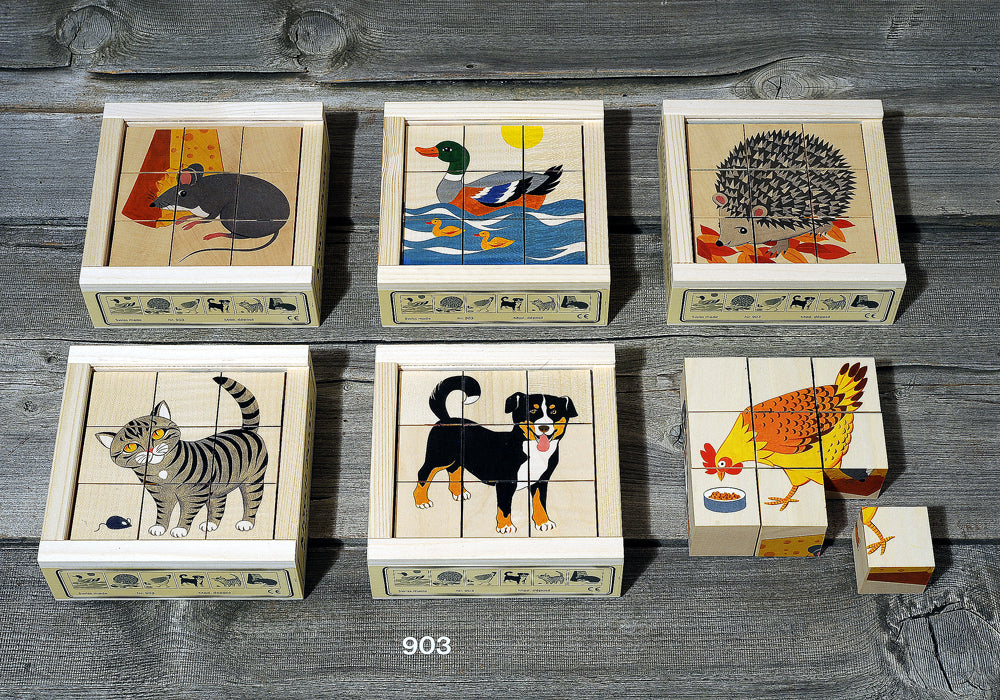 Kubus Puzzel Huisdieren 9-delig – Houten blokkenpuzzel met dierenthema, ontworpen voor activering bij ouderen.